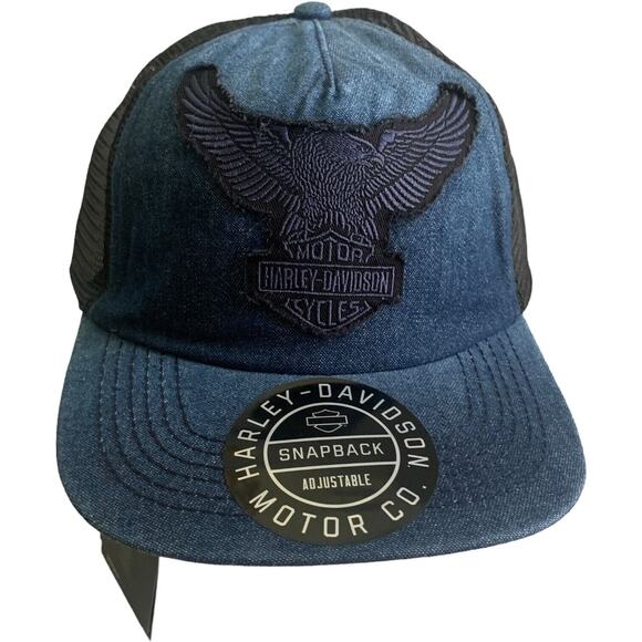Harley Davidson Denim Trucker Snapback Adjustable Cap Hat Brand New - Picture 10 of 13